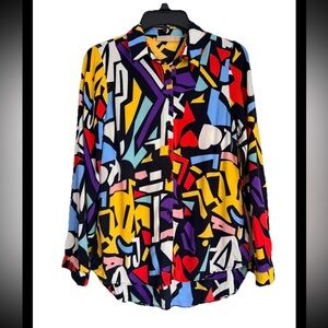 BIG DART Women’s Pop Art Vintage Wearable Art Multi Graphic Blouse Sz M